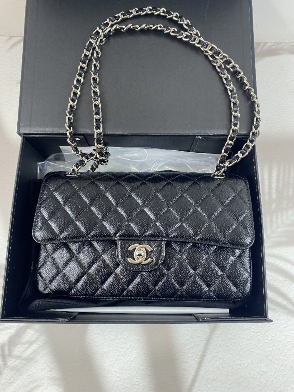 Chanel Jumbo Double Flap Bag, Black Caviar, Silver-Tone Chain Strap